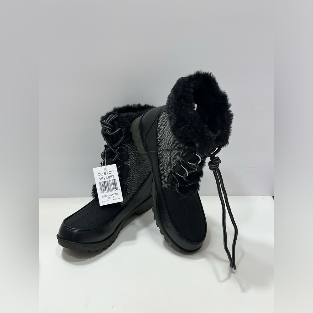 JBU Herringbone costco women winter boots with laces and faux fur size 6 black